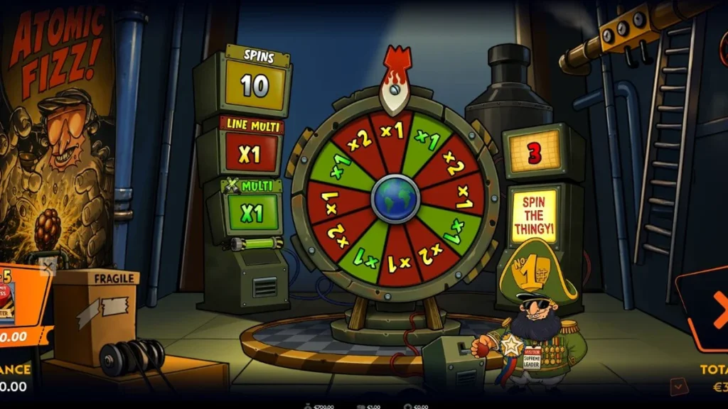 Interface do jogo de slot Enriched com tema nuclear e retro-futurista