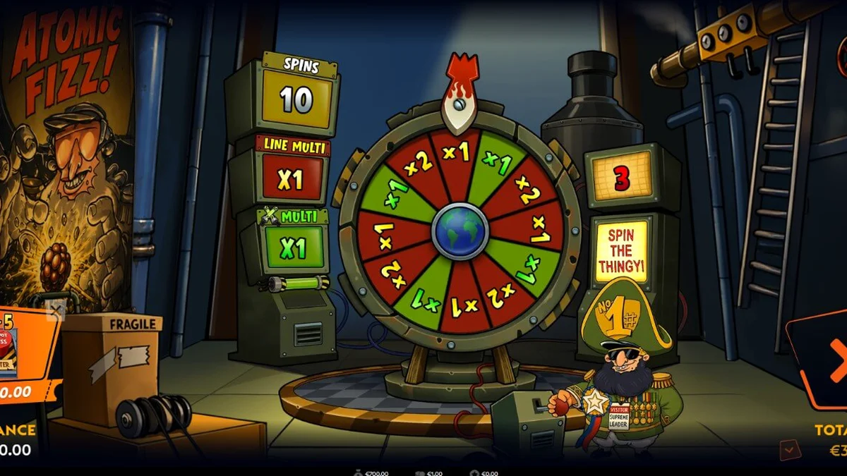 Interface do jogo de slot Enriched com tema nuclear e retro-futurista