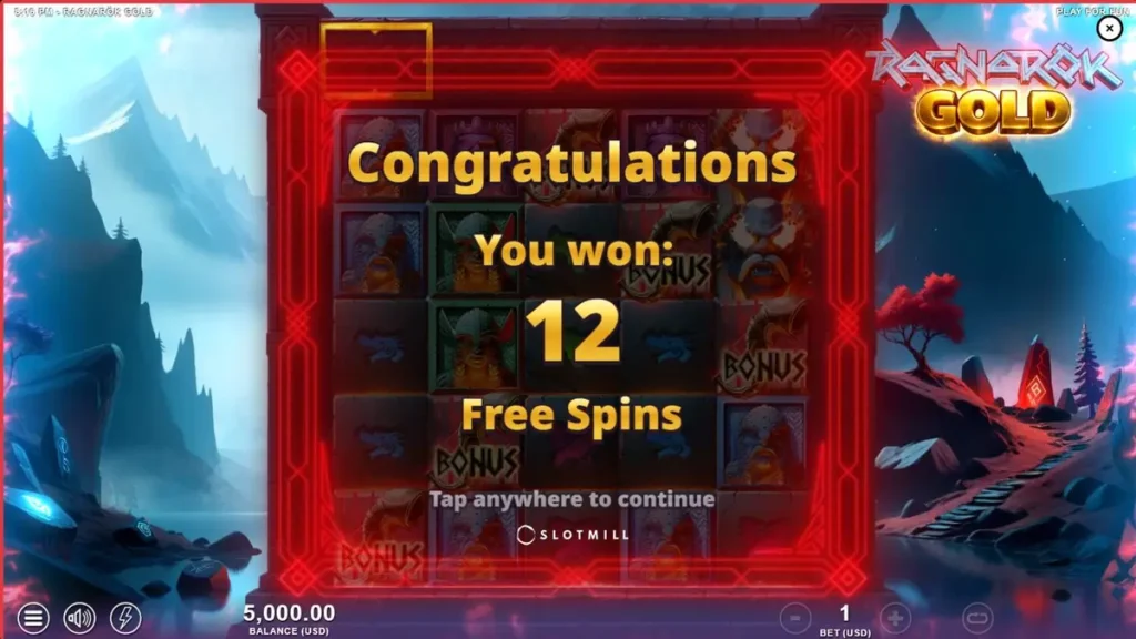 Cenário apocalíptico nórdico com elementos visuais de fogo e gelo no slot Ragnarok Gold